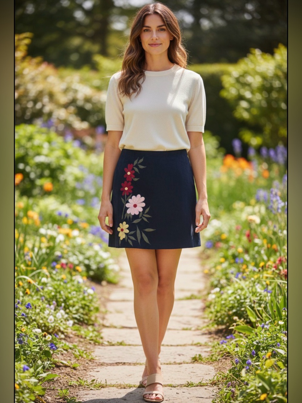Navy floral embroidered A-Line Skirt with Floral Embroidery